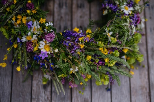 Beautiful floral wreath made from meadow flowers.A colorful variety of summer wildflowers.